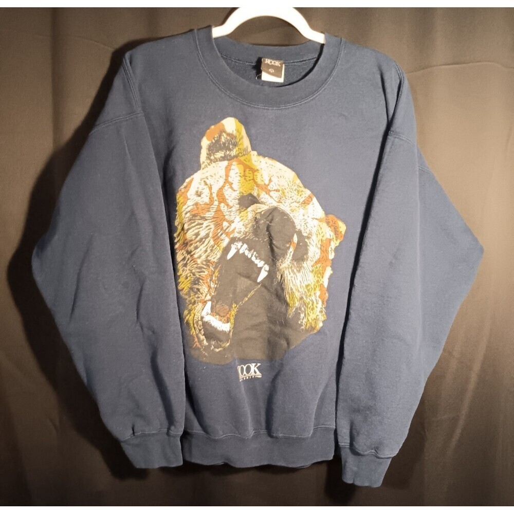Rook Camo Grizzly Bear Head Sweatshirt Men’s L Navy Crew Neck Graphic Pullover